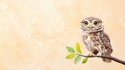 Serene Small Owl Perched on Branch with Delicate Green Leaves Against a Soft Beige Textured Background