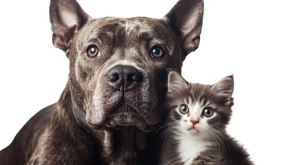 Friendly pitbull and adorable kitten sit close together, showcasing their bond and friendship in a bright setting