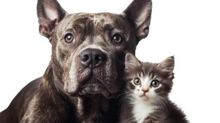 Friendly pitbull and adorable kitten sit close together, showcasing their bond and friendship in a bright setting