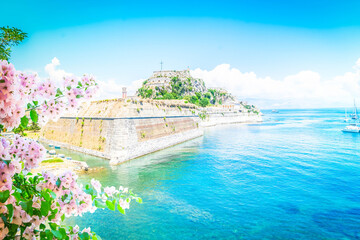 Old fortress with flowers in Corfu town Kerkyra, Greece