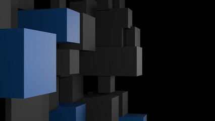 Close-up of futuristic black and blue 3D cubes on dark background