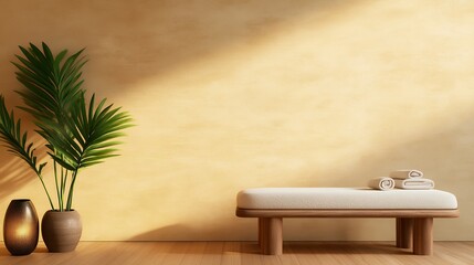 Fototapeta premium Serene Spa Room Interior: Minimalist Design with Wooden Massage Bench and Tranquil Atmosphere, Promoting Relaxation and Wellness