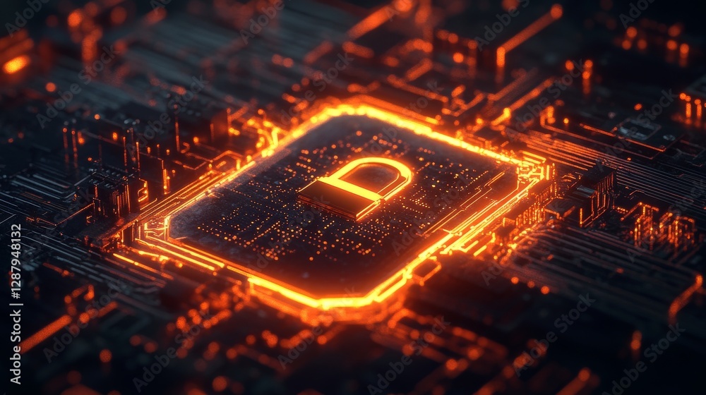 Leinwandbilder glowing padlock icon on digital microchip, symbolizing cybersecurity. conceptual image of data prote
