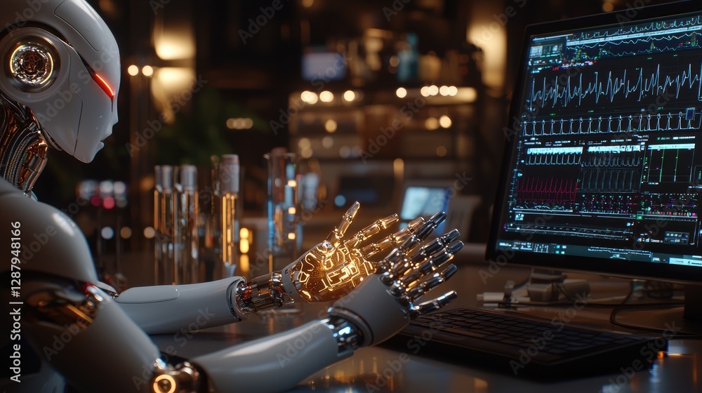 Poster futuristic robot analyzing data on computer screen in modern lab environment