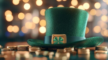 A vibrant green leprechaun hat set against a backdrop of shimmering gold coins, evoking the spirit of St. Patrick's Day celebration.