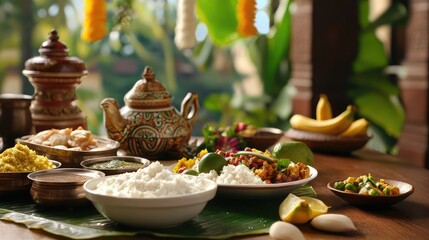 Traditional Indian Cuisine Spread with Colorful Dishes and Decor