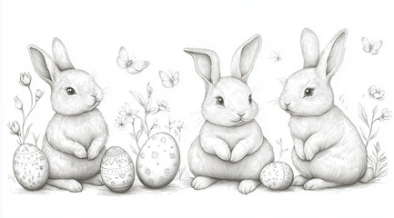 Easter, black and white drawing of bunnies, eggs and flowers on a white background, created with Generative AI technology