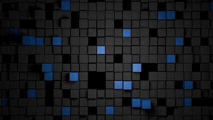 Abstract futuristic city made of floating black and blue cubes