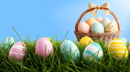 Fototapeta premium Easter, Easter eggs in a basket and on the grass on a blue background, space for text, created with Generative AI technology