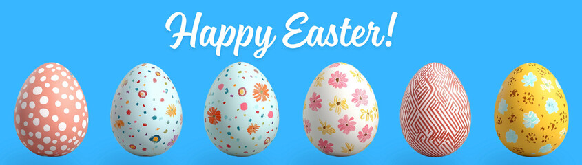 Fototapeta premium Easter, Easter eggs in a row on a blue background, with text, created with Generative AI technology