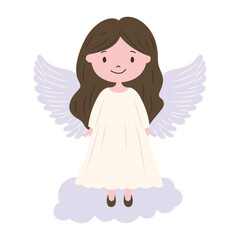 Cute Pretty Winged Little Girl Fairy Angel Cartoon Character with Cloud in the Sky
