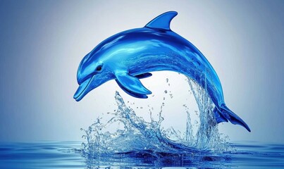 Obraz premium Blue dolphin jumping from ocean, water splash, serene background, digital art
