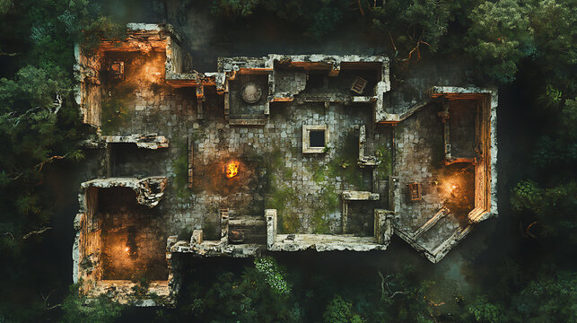 Overhead View of Ancient Stone Structure Surrounded by Dense Green Forest with Warm Interior Lighting