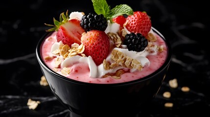 A small bowl of fruit and granola sits on black table