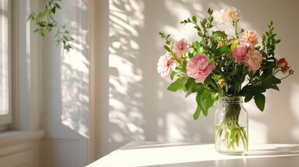 Naklejka premium Fresh Pink Flowers in Glass Jar on Bright Sunny Day