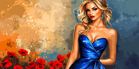 Fototapeta premium Elegant woman in a blue dress with poppies against a textured colorful background.