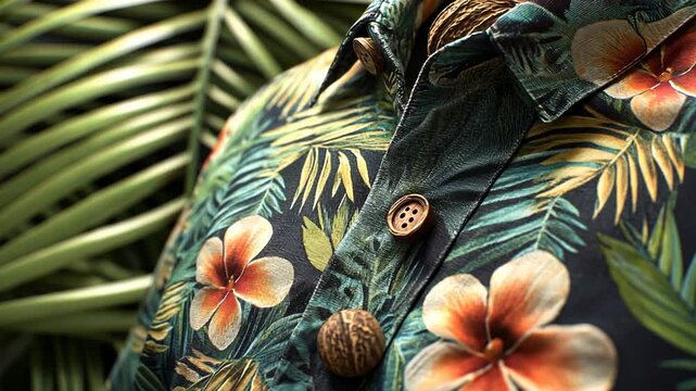 Close-up of a tropical floral Hawaiian shirt with ornate buttons, set against lush green foliage.