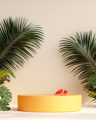 Fototapeta premium Tropical themed product display with yellow podium palm leaves and grapefruit slices against a neutral backdrop.