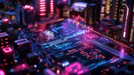 Obraz premium Futuristic Cityscape with Circuit Board and Neon Lights Aesthetic