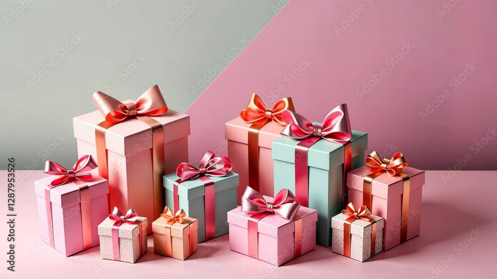 Poster A stack of colorful boxes with pink bows on them. The boxes are of different sizes and colors