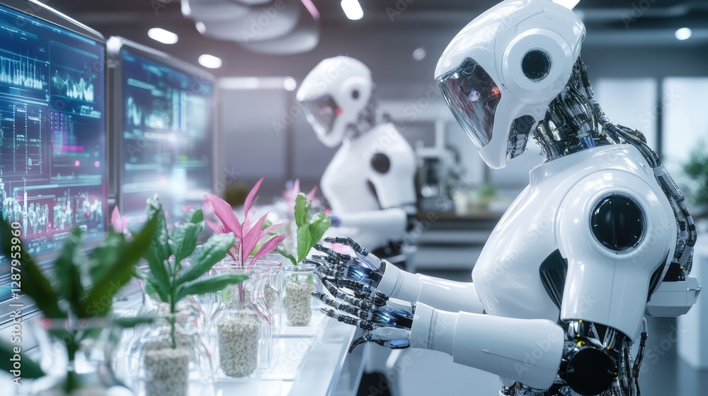 Poster robots engaged in advanced data analysis within a modern laboratory