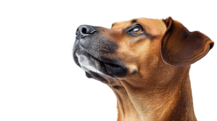 Brown dog looking up in curiosity against a white background, showcasing its expression and features