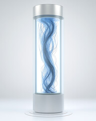 Blue filaments swirl within a futuristic cylindrical container bathed in soft glowing light showcasing a blend of technology and ethereal beauty.