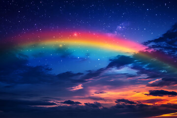 A vibrant rainbow arches across a starry night sky above a colorful sunset and cloudscape.