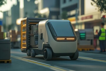 Self-Driving Delivery Vehicles Efficiently Transporting Goods Between Franchises in a Modern Urban Landscape.