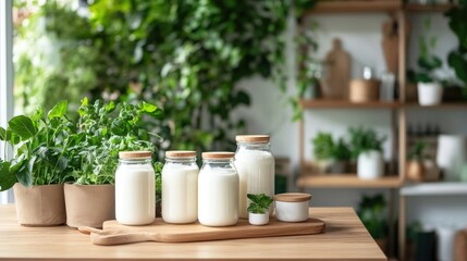 Fresh Dairy Products in Glass Jars Surrounded by Greenery