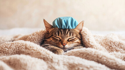 Fototapeta premium Cat lying on fluffy blanket 