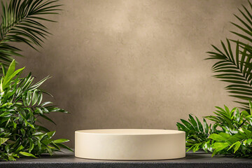 Round cream podium on a dark surface surrounded by lush green tropical foliage against a textured wall.