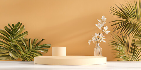 Beige display podium with tropical leaves and white blossoms against a light orange backdrop showcasing elegant minimalism.