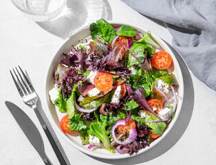 Vegetable salad (Greek salad) with cherry tomatoes, feta cheese, lettuce, olives and red onion in a plate