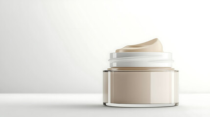 Beige cream overflowing from a clear jar set against a bright neutral backdrop.