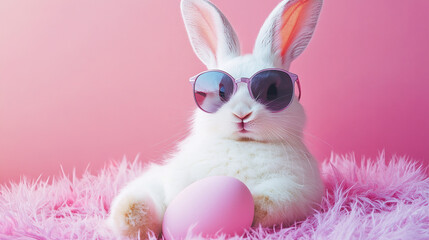 chill bunny with retro sunglasses relaxes on pink fur