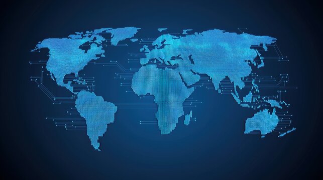 Fototapeta Digital World Map with Glowing Blue Dots and Circuit Patterns