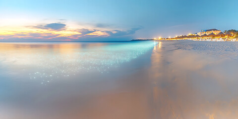 Fototapeta premium Tranquil beach at twilight calm water reflecting the pastel sky soft lights illuminate the shoreline.