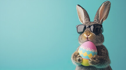 Fototapeta premium cool Easter bunny wearing sunglasses holds colorful egg
