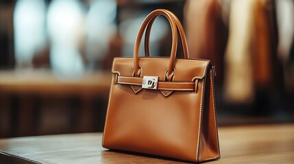 Close-Up of a Luxury Handbag Placed on a Wooden Table – Elegant Fashion Accessory