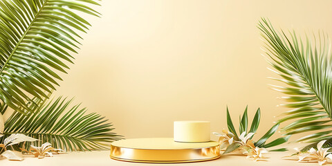 Fototapeta premium A golden platform surrounded by tropical leaves and flowers on a soft yellow background.