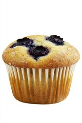 Golden sugar-dusted crust of a blueberry muffin contrasts beautifully with its vibrant blue berry filling.