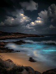 Obraz premium Glowing waves crash on a rocky shore under a dramatic cloudy sky in a long-exposure shot.
