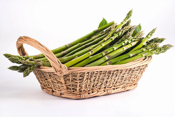 Freshly harvested asparagus in a woven basket. Generative AI