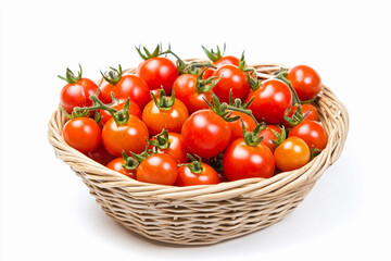Fresh cherry tomatoes piled in a woven basket. Generative AI