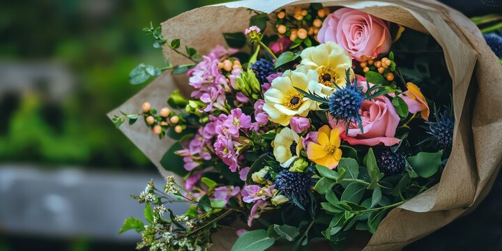 A bouquet of mixed flowers wrapped in rustic paper