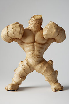 Naklejki A ginger root transformed into a muscular humanoid figure flexing its arms on a light background.
