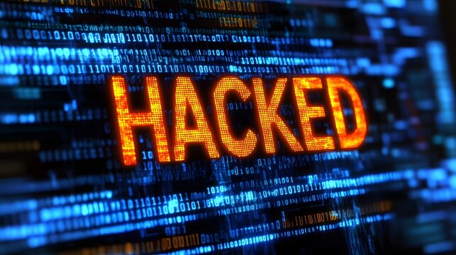 Digital orange text on a background of binary code shows hacked