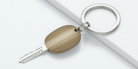 A key with a wooden fob and metal ring lies on a clean bright white surface with shadows.