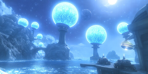 Fototapeta premium Glowing orbs illuminate a futuristic coastal cityscape under a night sky with multiple celestial bodies.